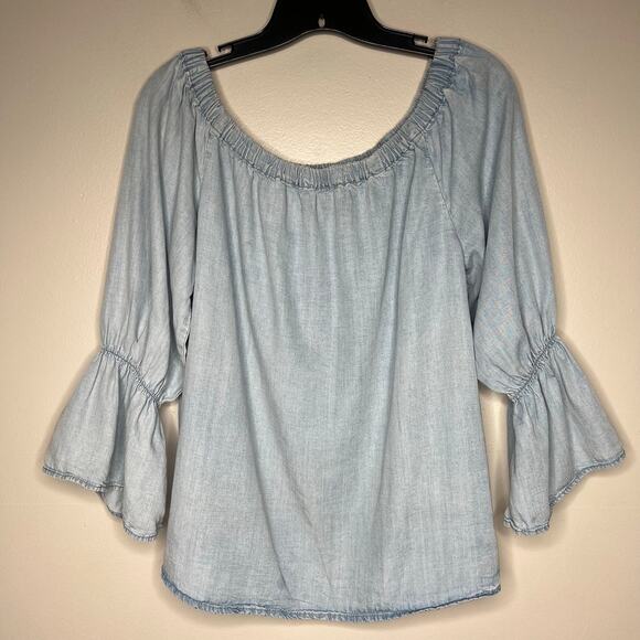 Sanctuary Womens Chambray Off the Shoulder Flare Sleeve Top Sz M Western Country - Picture 1 of 9
